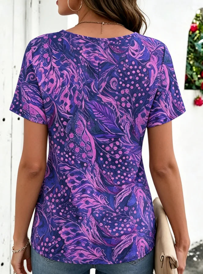 Purple Abstract Leaf Print V Neck Short Sleeve Curved Hem Casual T-Shirt