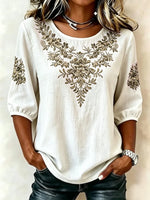Vintage Floral Embroidery Crew Neck Puff Half Sleeve Loose Linen Blend Blouse