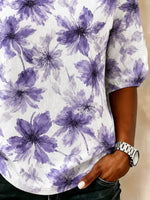 White Base Purple Watercolor Floral Crew Neck Puff Half Sleeve Loose Blouse