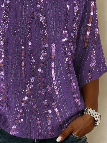 Purple Glitter Sequin Vertical Print Crew Neck Batwing Half Sleeve Loose Party Blouse