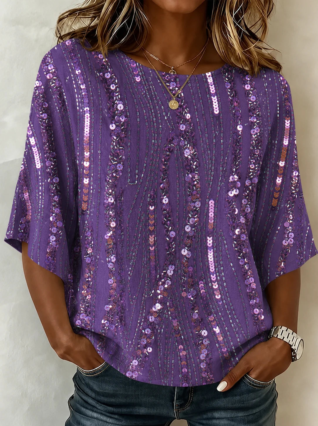 Purple Glitter Sequin Vertical Print Crew Neck Batwing Half Sleeve Loose Party Blouse