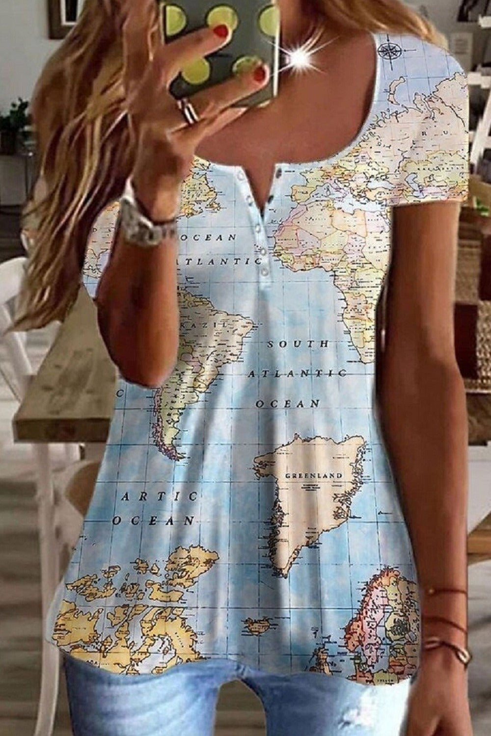 Crew Neck Casual Map Print Short Sleeves Loose Blouse