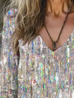 Iridescent Glitter Geometric Print V Neck Long Sleeve Casual Tee Shirt For Spring Fall