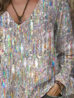 Iridescent Glitter Geometric Print V Neck Long Sleeve Casual Tee Shirt For Spring Fall