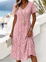 Pink Ditsy Floral V Neck Short Sleeve Asymmetrical Hem Vacation Midi Dress