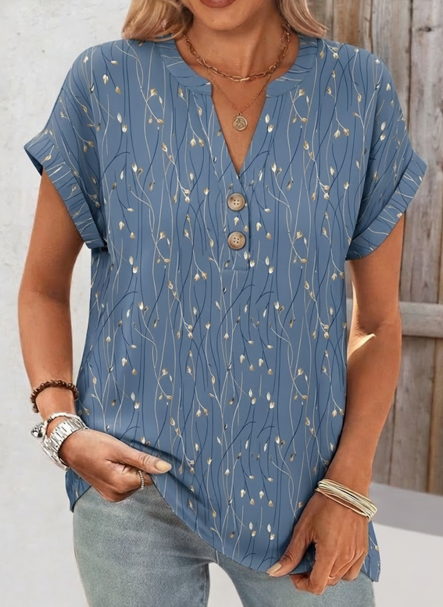 Women Leaf Print V Neck Short Sleeve Summer Blouse