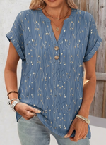 Women Leaf Print V Neck Short Sleeve Summer Blouse