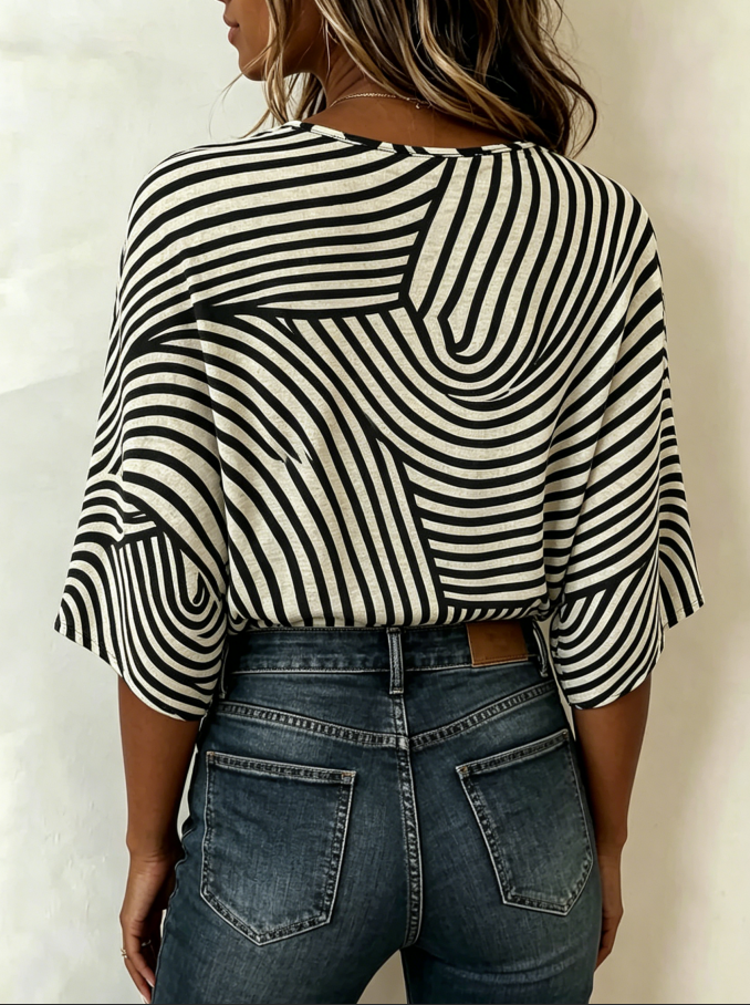 Women Abstract Stripes Half Sleeve Casual Blouse