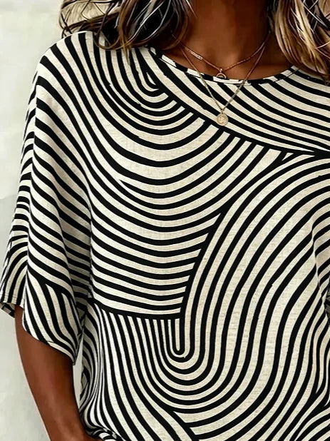 Women Abstract Stripes Half Sleeve Casual Blouse