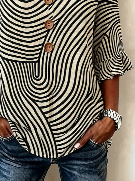 V Neck Abstract Stripes Ruffle Half Sleeve Blouse
