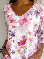 Women Watercolor Floral V Neck 3/4 Sleeve Daily Tee