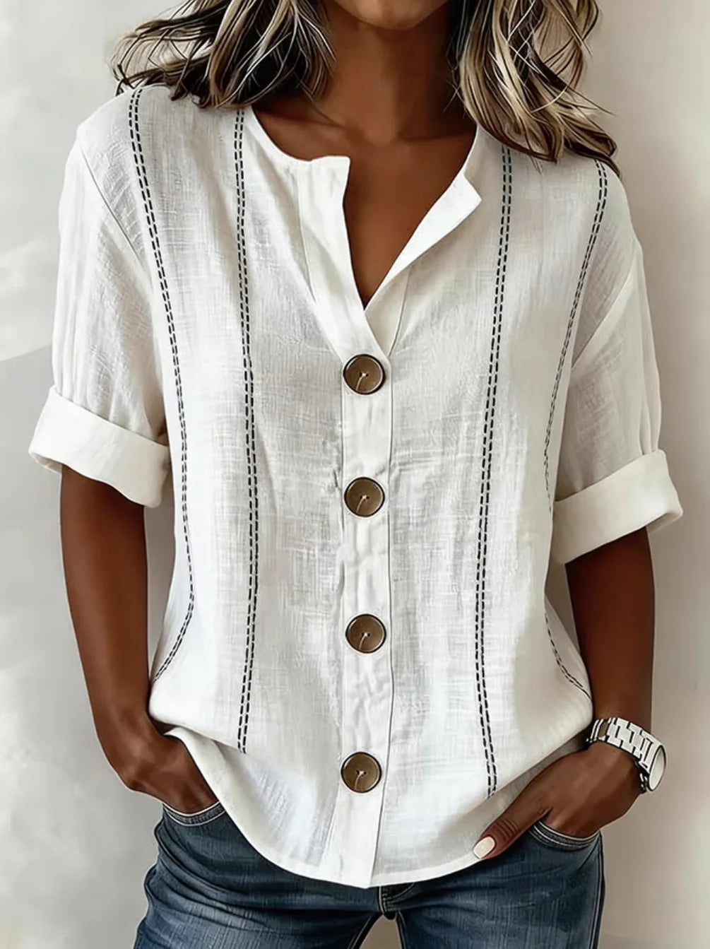 Women Geometric Striped Stand Collar Linen Blend Shirt