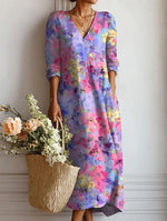 Women V Neck 3/4 Sleeve Colorful Abstract Print Loose Maxi Dress