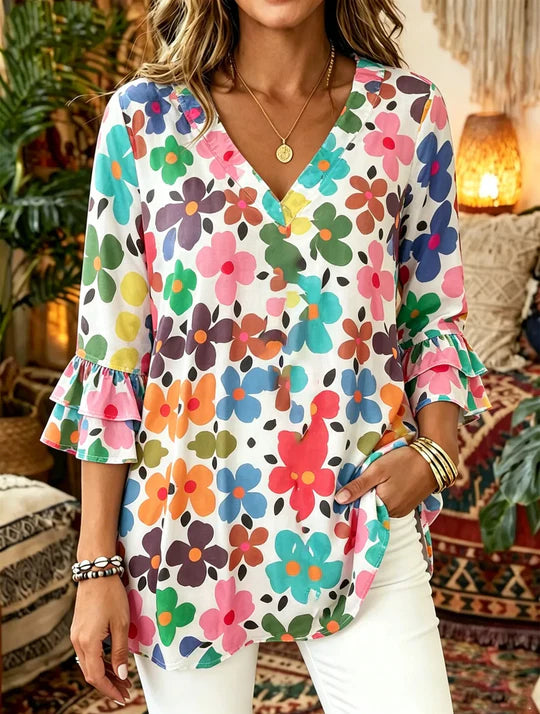 Women Colorful Floral V Neck Double Ruffle 3/4 Sleeve Casual Blouse