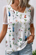 Mesh Casual V Neck Floral Print Short Sleeves Blouse