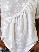 White 3D Floral Embroidery Round Neck Cuffed Short Sleeve Ruched Loose Summer Casual Top