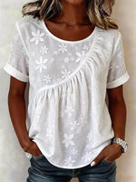 White 3D Floral Embroidery Round Neck Cuffed Short Sleeve Ruched Loose Summer Casual Top