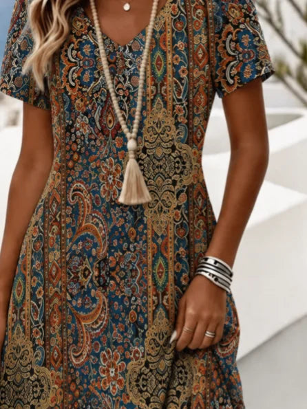 Women Floral Ethnic Summer Dress V Neck Short Sleeve A-Line Midi T-Shirt Dress