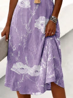 Women Floral Summer Dress V Neck Short Sleeve A-Line Midi T-Shirt Dress