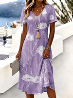 Women Floral Summer Dress V Neck Short Sleeve A-Line Midi T-Shirt Dress