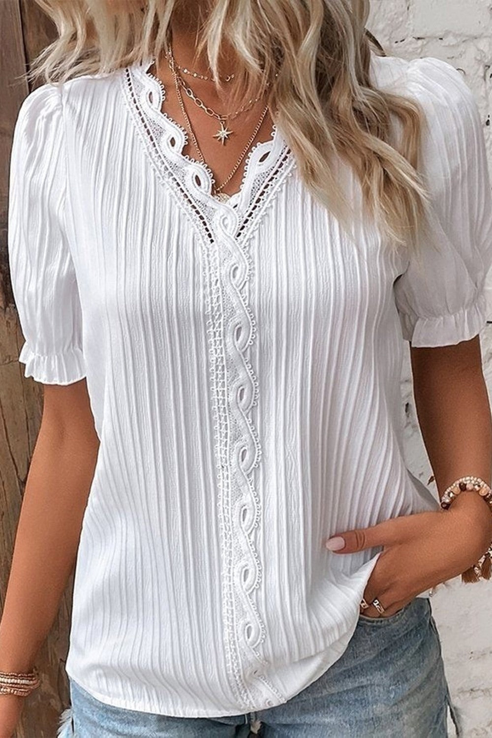 V Neck Plain Lace Elegant Short Sleeves Blouse