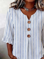 Women V Neck Half Sleeve Striped Blouse With Wooden Buttons