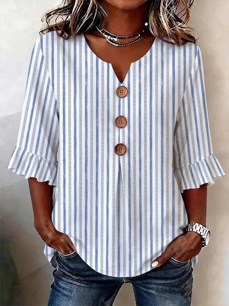 Women V Neck Half Sleeve Striped Blouse With Wooden Buttons