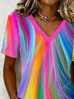 Vintage Abstract V Neck Short Sleeve Women T-shirt