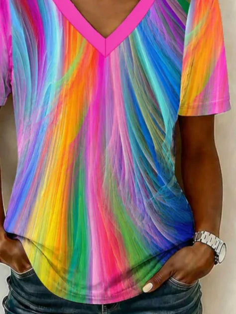 Vintage Abstract V Neck Short Sleeve Women T-shirt