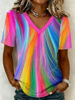 Vintage Abstract V Neck Short Sleeve Women T-shirt