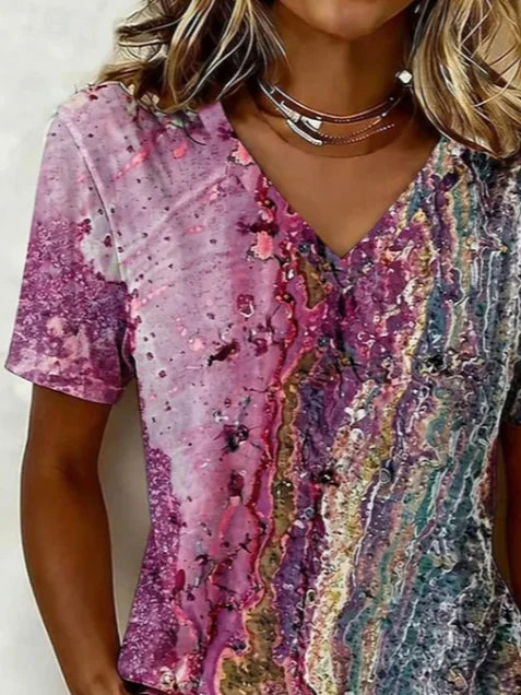 Vintage Abstract V Neck Short Sleeve Women T-shirt