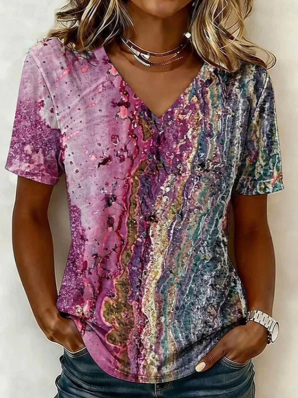 Vintage Abstract V Neck Short Sleeve Women T-shirt