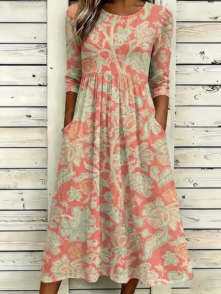 Women Floral Summer Dress Crew Neck Half Sleeve A-Line Maxi Dress