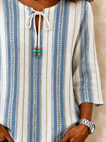 V Neck Half Sleeve Striped Regular Loose Blouse For Women