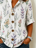 Stand Collar Three Quarter Sleeve Floral Regular Loose Shirt For Women