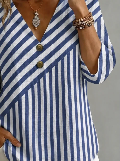 V Neck Half Sleeve Striped Regular Micro-Elasticity Loose Blouse For Women