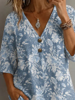 V Neck Half Sleeve Floral Regular Micro-Elasticity Loose Blouse For Women