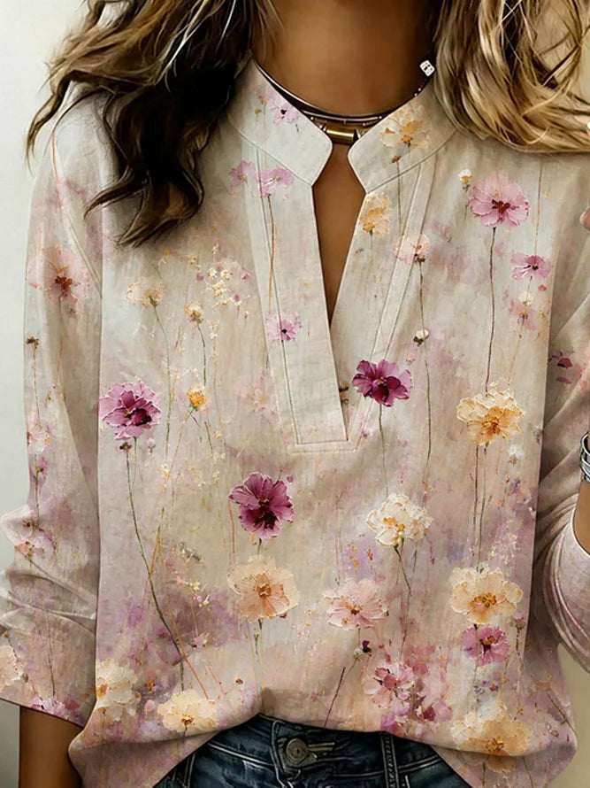 Watercolor Pink Floral Stand Split Collar Long Sleeve Micro Elastic Regular Fit Casual Blouse