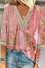 Loose Abstract Print V Neck Casual 3/4 Sleevess Blouse