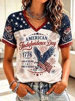 Vintage Independence Day Eagle Flag Art Print V-neck Short Sleeve T-shirt