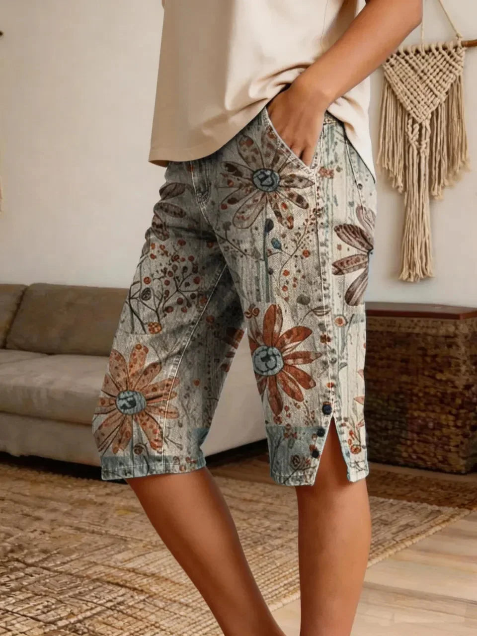 Women Vintage Boho Floral Print Denim Shorts