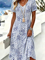 Blue Watercolor Dot Print V Neck Short Sleeve Loose A-Line Midi T-Shirt Dress