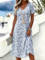 Blue White Porcelain Bird Floral V Neck Short Sleeve Loose A-Line Midi T-Shirt Dress