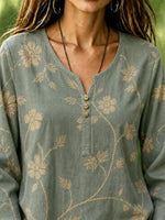 Green Vintage Floral Notch Henley Neck Flare Long Sleeve Loose Linen Blouse With Side Pockets