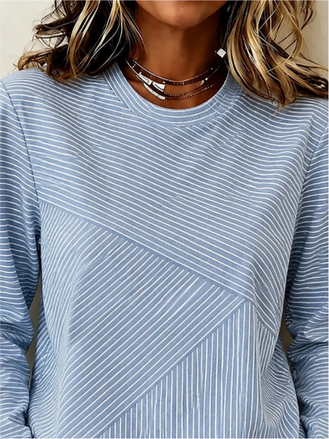 Blue Mixed Diagonal Striped Crew Neck Long Sleeve Casual T-Shirt