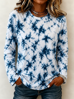 White Blue Tie-Dye Pattern Crew Neck Long Sleeve Casual T-Shirt