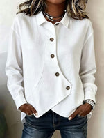 White Shawl Collar Long Sleeve Plain Asymmetric Button Loose Shirt For Women