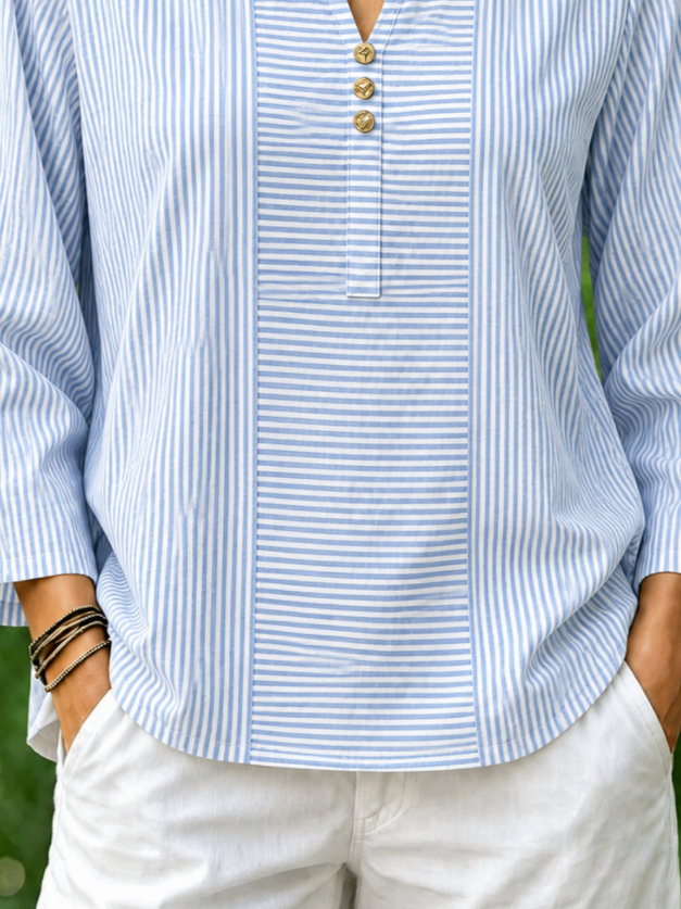Blue White Striped Notch Henley Neck Long Sleeve Loose Blouse For Women
