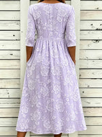 Lavender 3D Floral Embroidery Crew Neck Half Sleeve A-Line Summer T-Shirt Dress