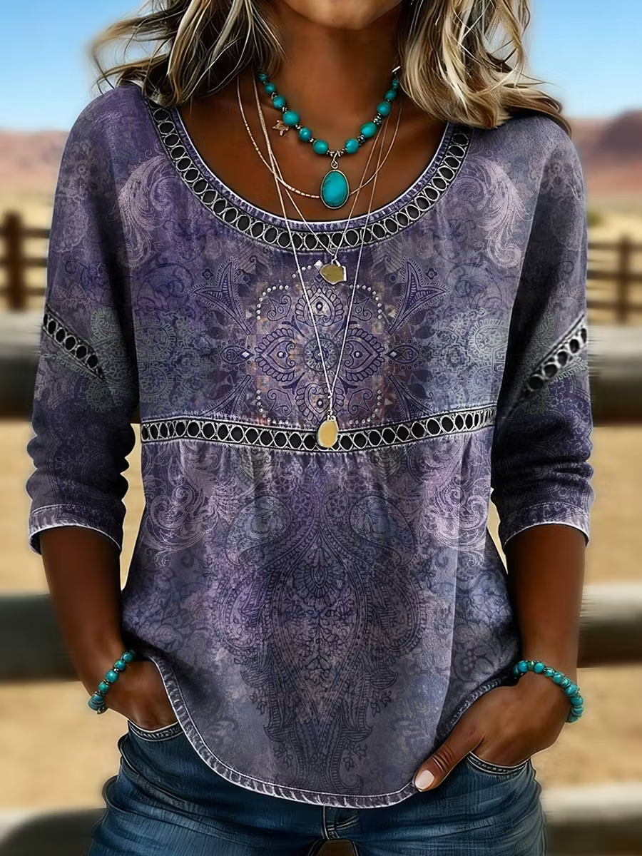 Purple Ethnic Paisley Print Crew Neck Half Sleeve Loose Blouse For Women